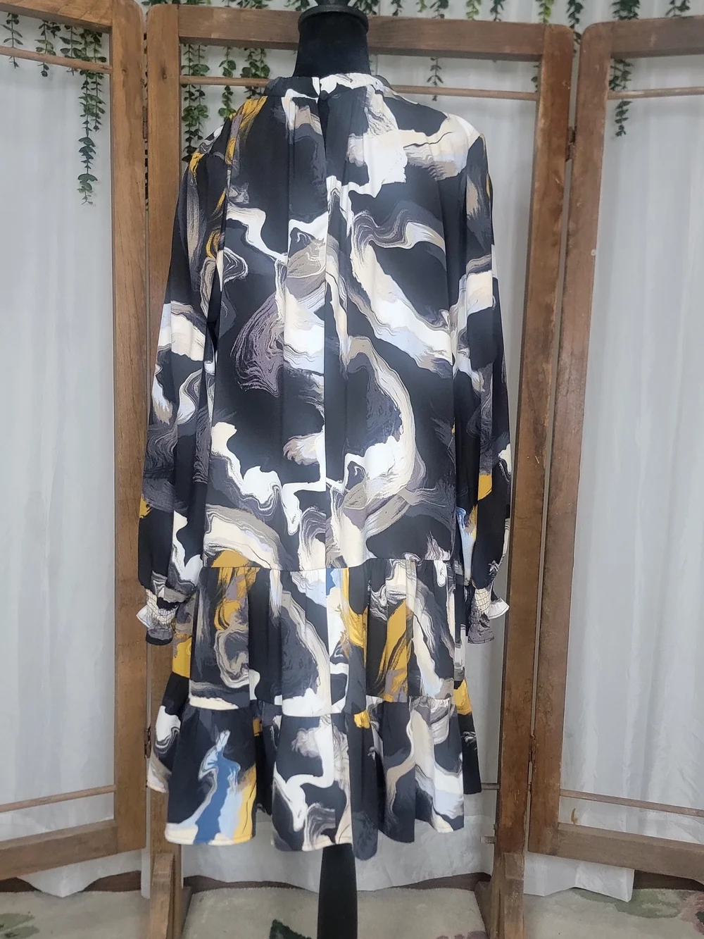Abstract Print Tiered Ruffle Dress Black Mustard Blue Boho Midi - Picture 5 of 6